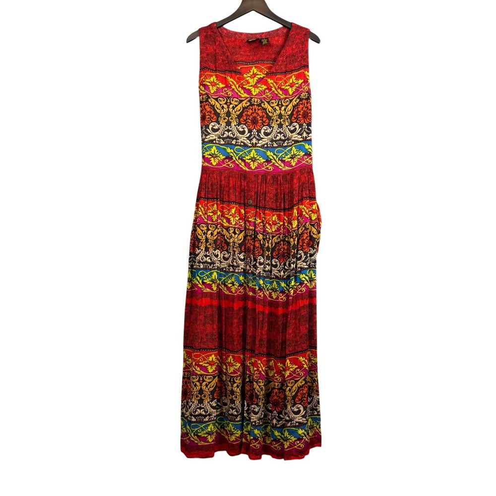 Vtg 80s BILA Maxi Dress Womens M Red Multicolor Rayon Tiered Pockets Boho